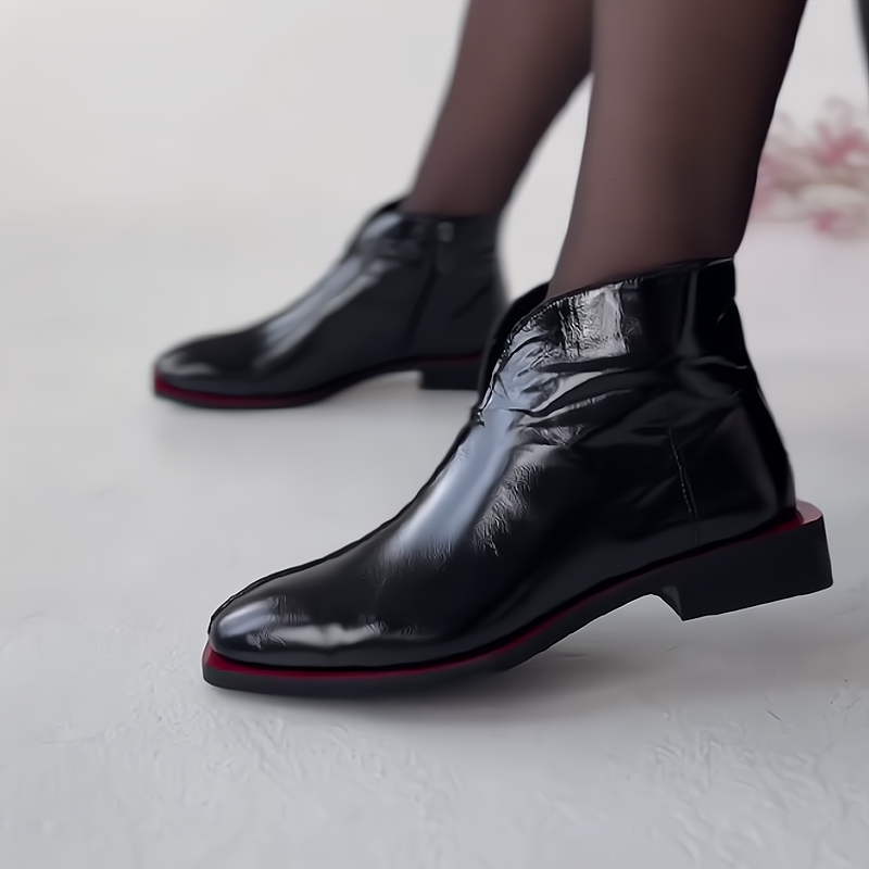 High-end shiny leather low-heeled booties