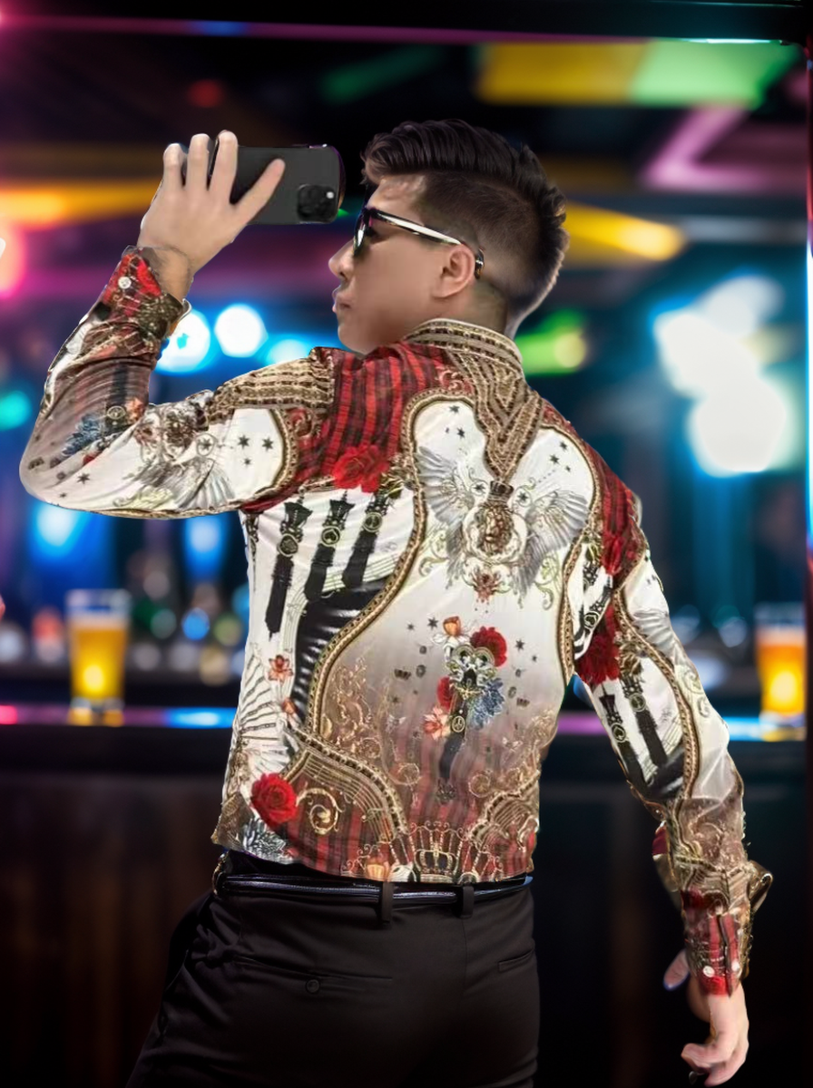 Fashionable patterned men's long-sleeved shirt