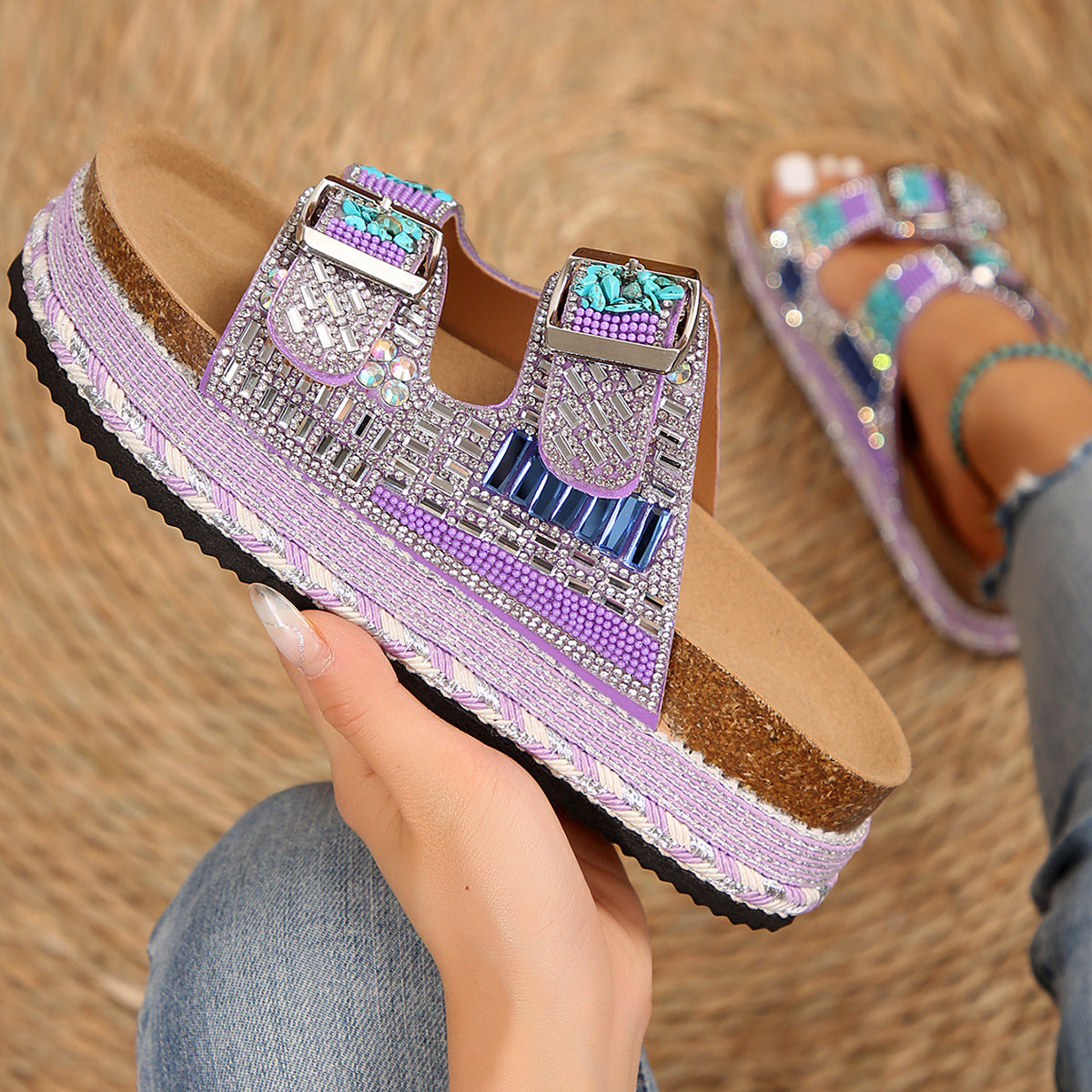 Thick-soled Twine Double-buckle Rhinestone Cork Slippers