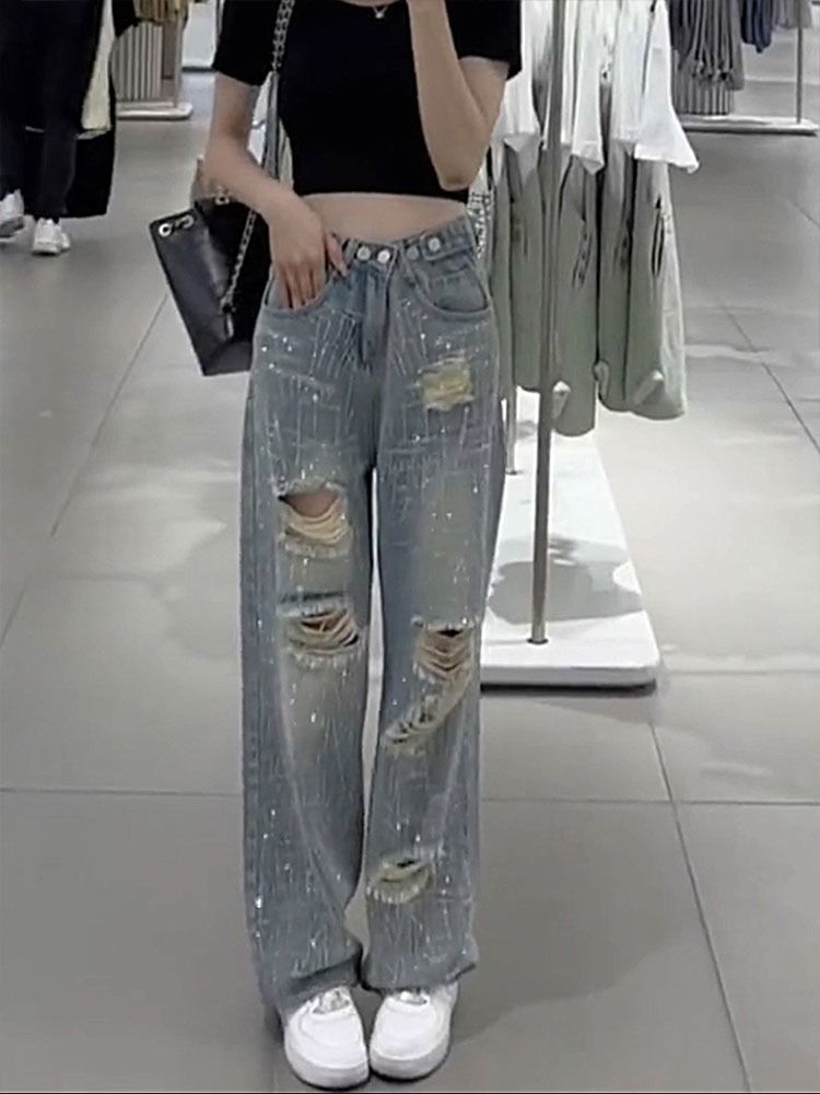 High-Waist Ripped Diamond Flash Straight Ins Jeans