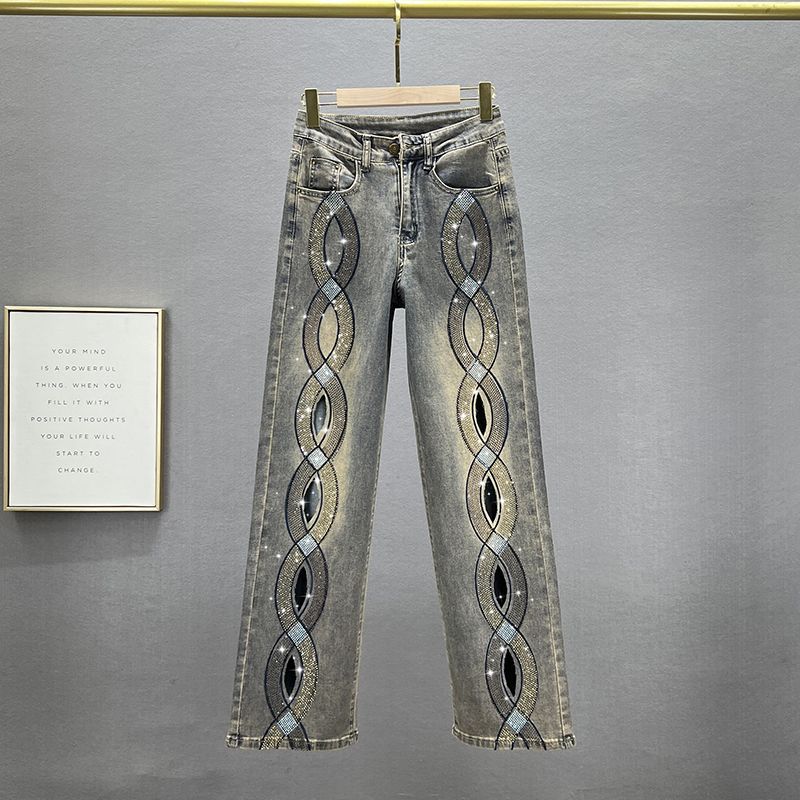 High-Waist Loose Slim-fit Twist Rhinestone Jeans