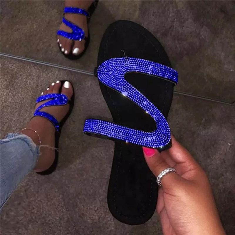 Z-shaped rhinestone flat open-toe sandals