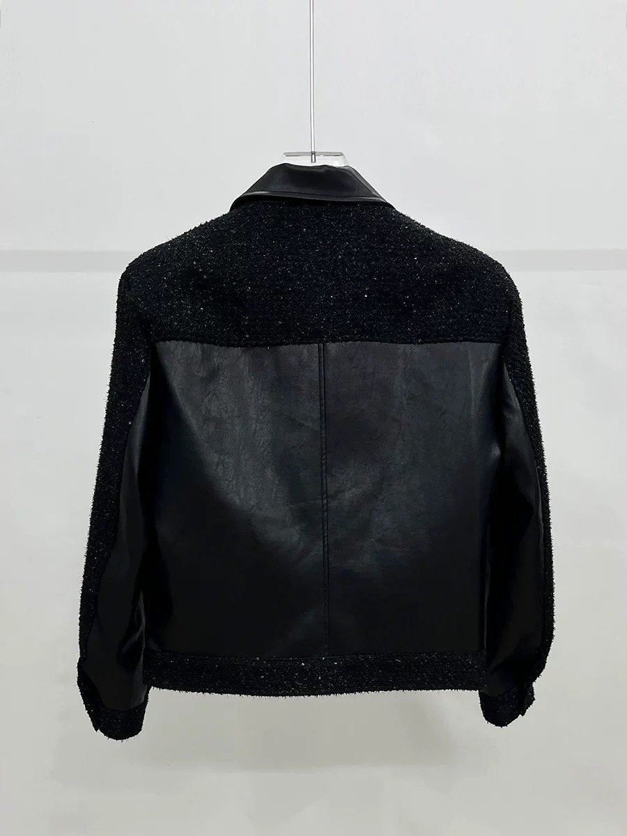 Stylish men's jacket with sparkling patchwork of cowhide