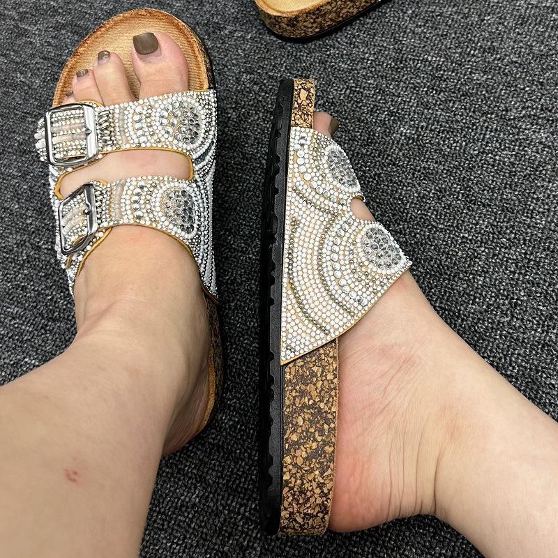 Double Buckle Drilled Face Ethnic Style Flat Slippers