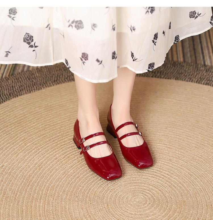 Elegant Square Toe Genuine Leather Shallow Mid-Heel Mary Jane Shoes