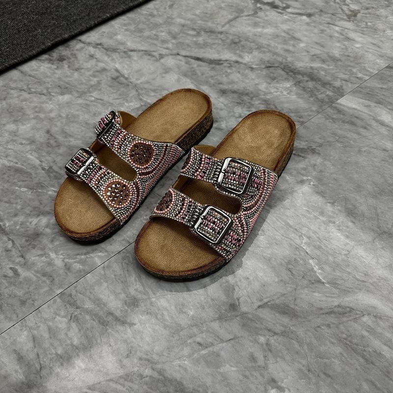 Double Buckle Drilled Face Ethnic Style Flat Slippers