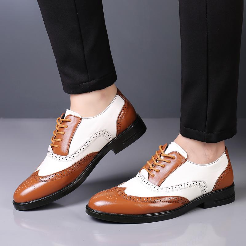 Colour-blocked British carved pointed scalp shoes