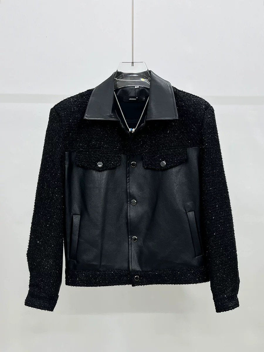 Stylish men's jacket with sparkling patchwork of cowhide