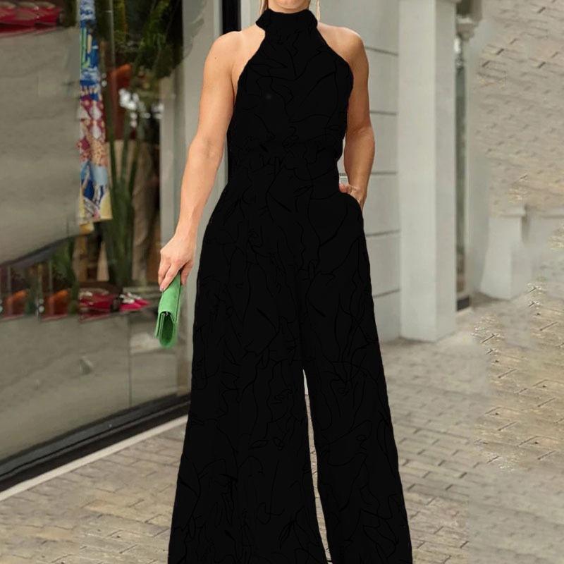 Fashion Round Neck Lace-Up Slim-Print Jumpsuit