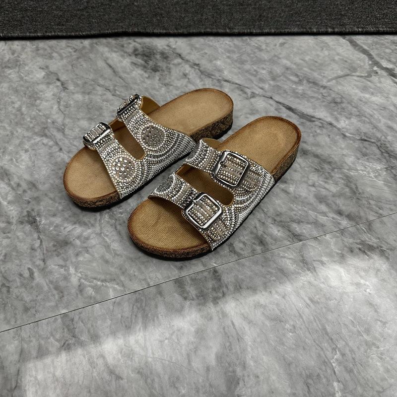 Double Buckle Drilled Face Ethnic Style Flat Slippers