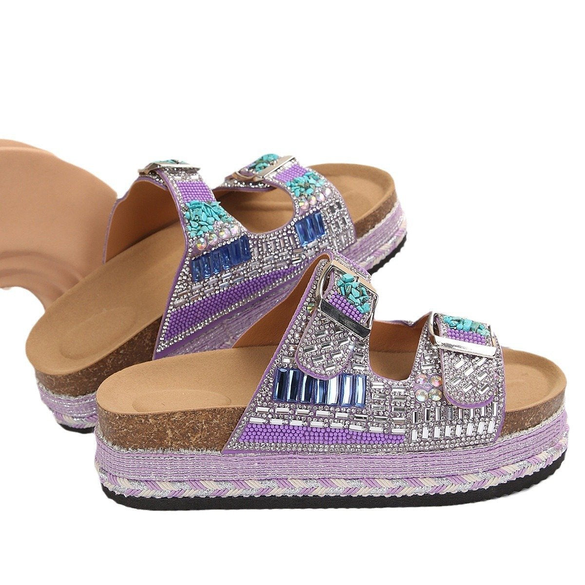 Thick-soled Twine Double-buckle Rhinestone Cork Slippers