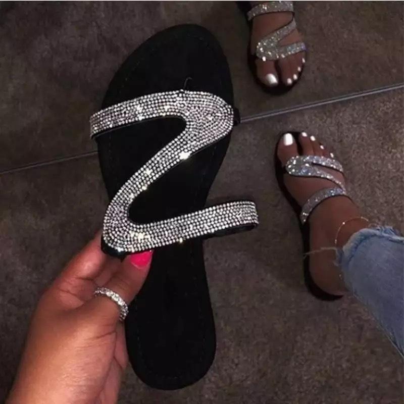 Z-shaped rhinestone flat open-toe sandals