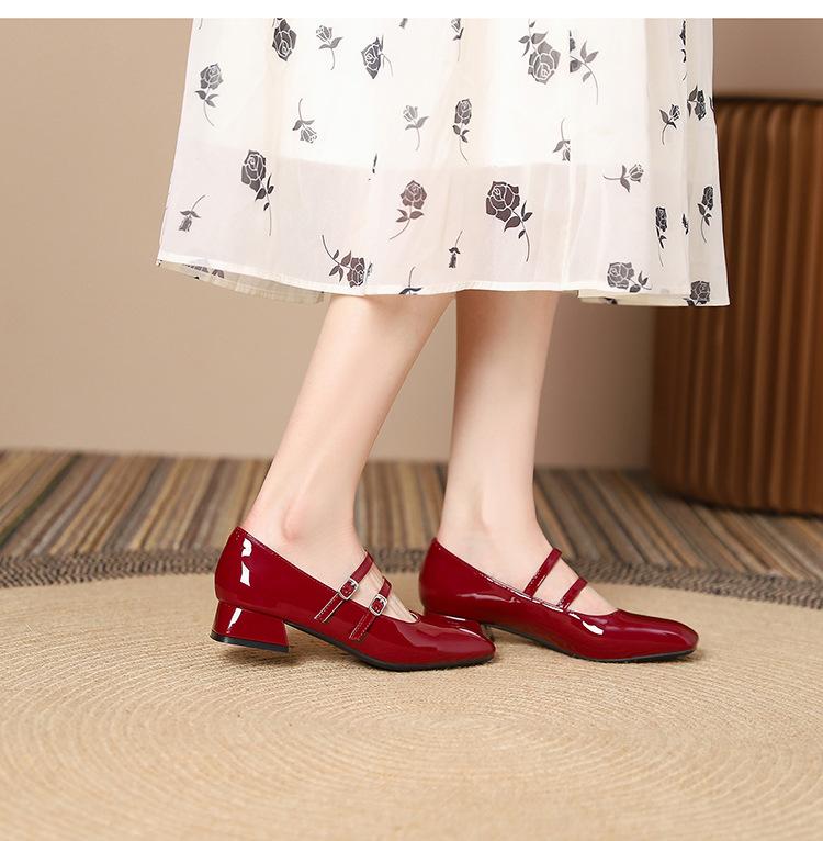 Elegant Square Toe Genuine Leather Shallow Mid-Heel Mary Jane Shoes