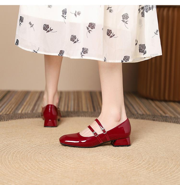 Elegant Square Toe Genuine Leather Shallow Mid-Heel Mary Jane Shoes