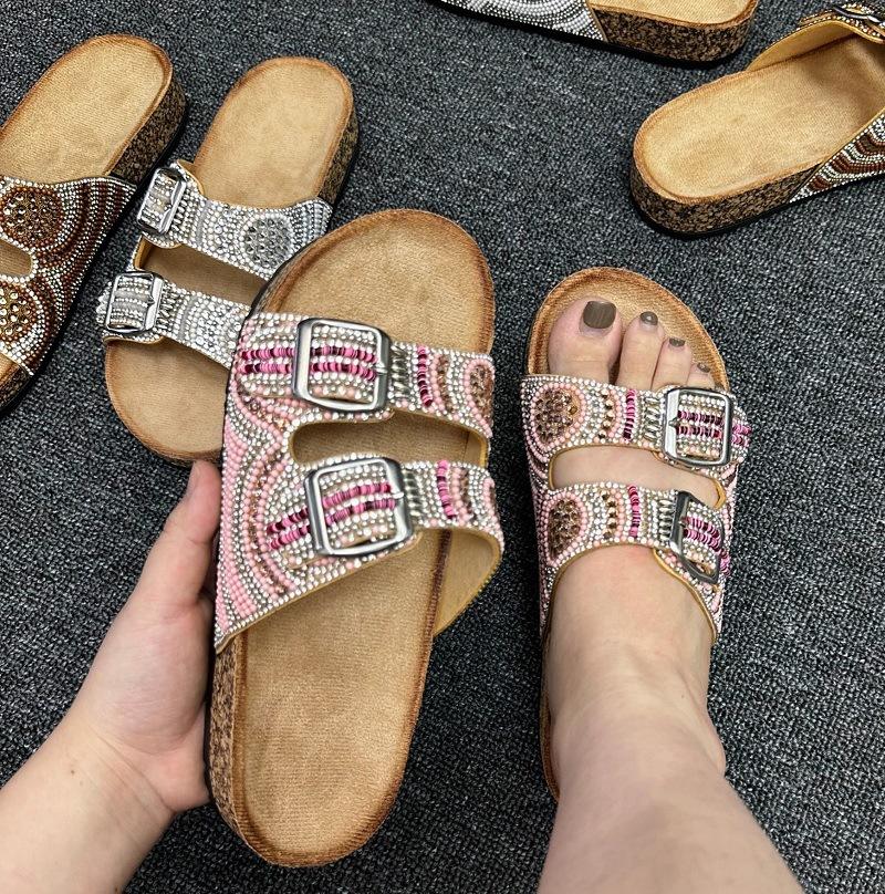 Double Buckle Drilled Face Ethnic Style Flat Slippers