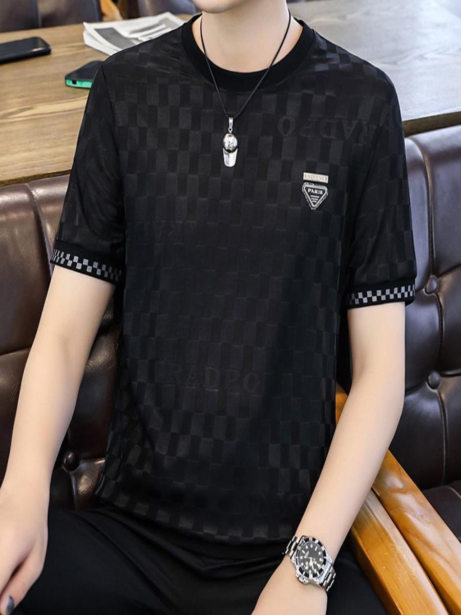 Men's summer plaid ice silk short sleeve t-shirt