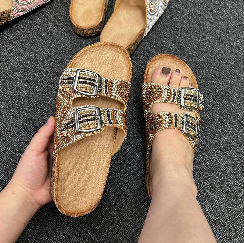 Double Buckle Drilled Face Ethnic Style Flat Slippers