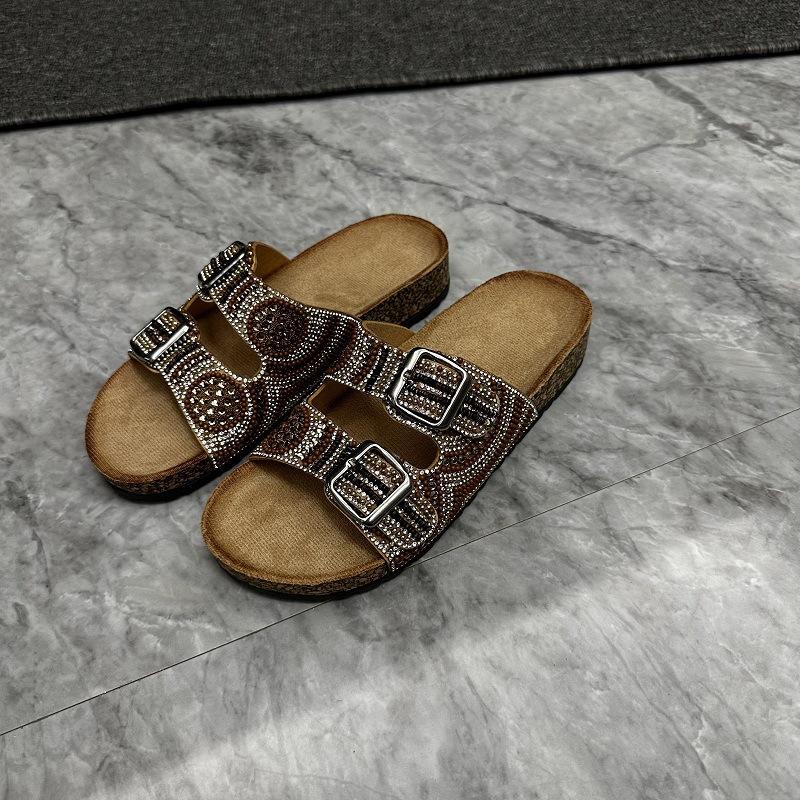 Double Buckle Drilled Face Ethnic Style Flat Slippers