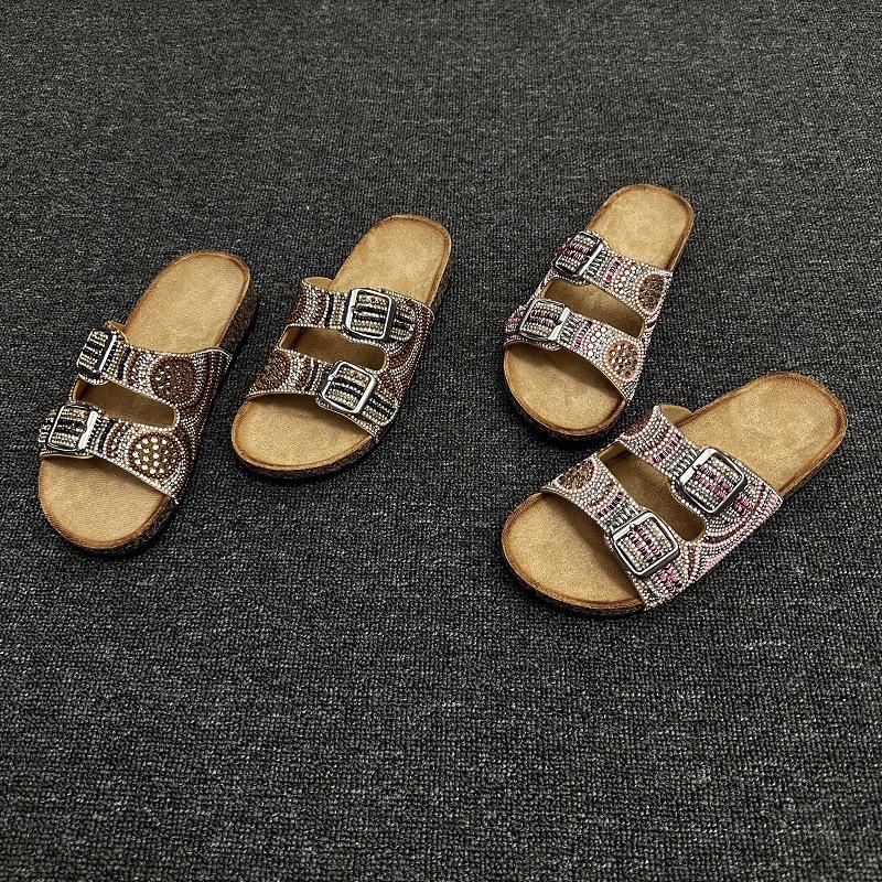 Double Buckle Drilled Face Ethnic Style Flat Slippers