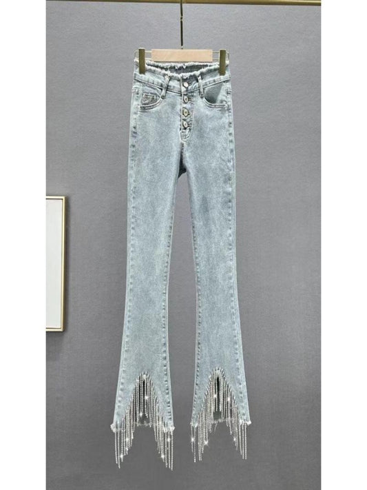 High-Waisted Slim-Fit Fringed Jeans