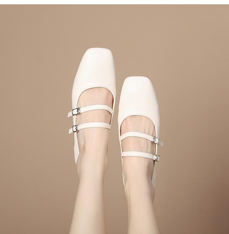 Elegant Square Toe Genuine Leather Shallow Mid-Heel Mary Jane Shoes