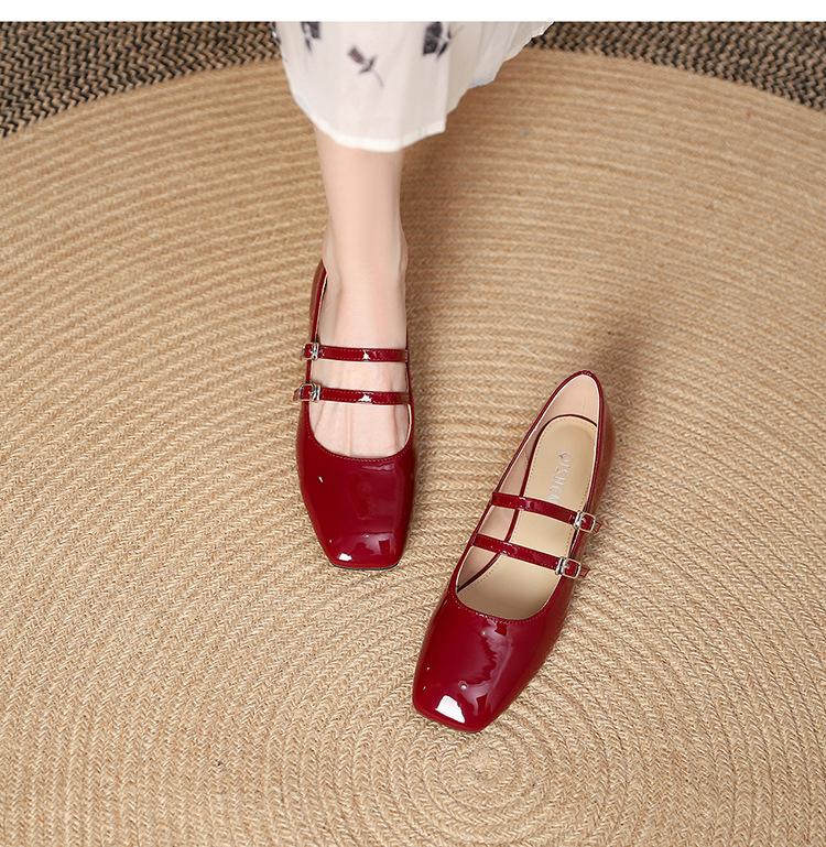 Elegant Square Toe Genuine Leather Shallow Mid-Heel Mary Jane Shoes