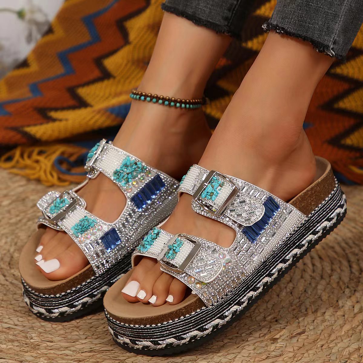 Thick-soled Twine Double-buckle Rhinestone Cork Slippers