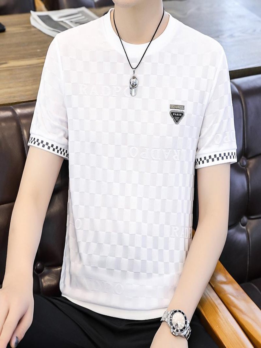 Men's summer plaid ice silk short sleeve t-shirt