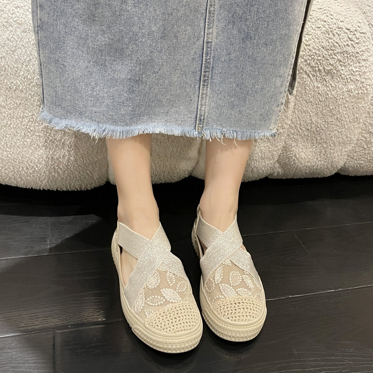 Chanel-style Cross-strap Gauze Soft-soled Shoes