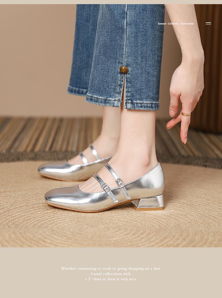 Elegant Square Toe Genuine Leather Shallow Mid-Heel Mary Jane Shoes