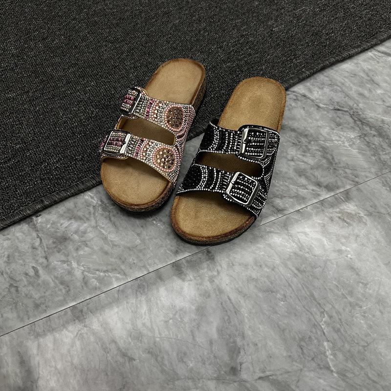 Double Buckle Drilled Face Ethnic Style Flat Slippers