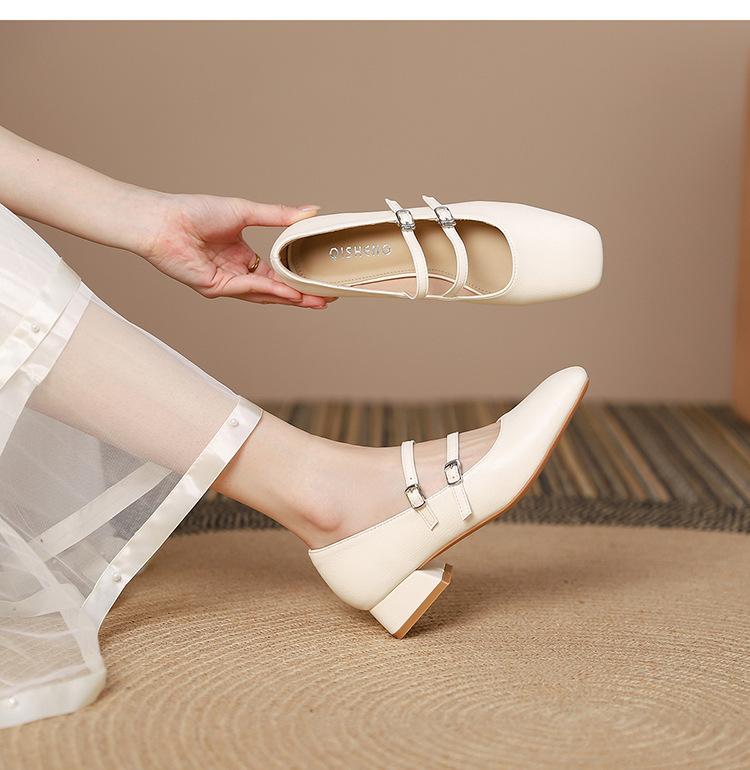 Elegant Square Toe Genuine Leather Shallow Mid-Heel Mary Jane Shoes