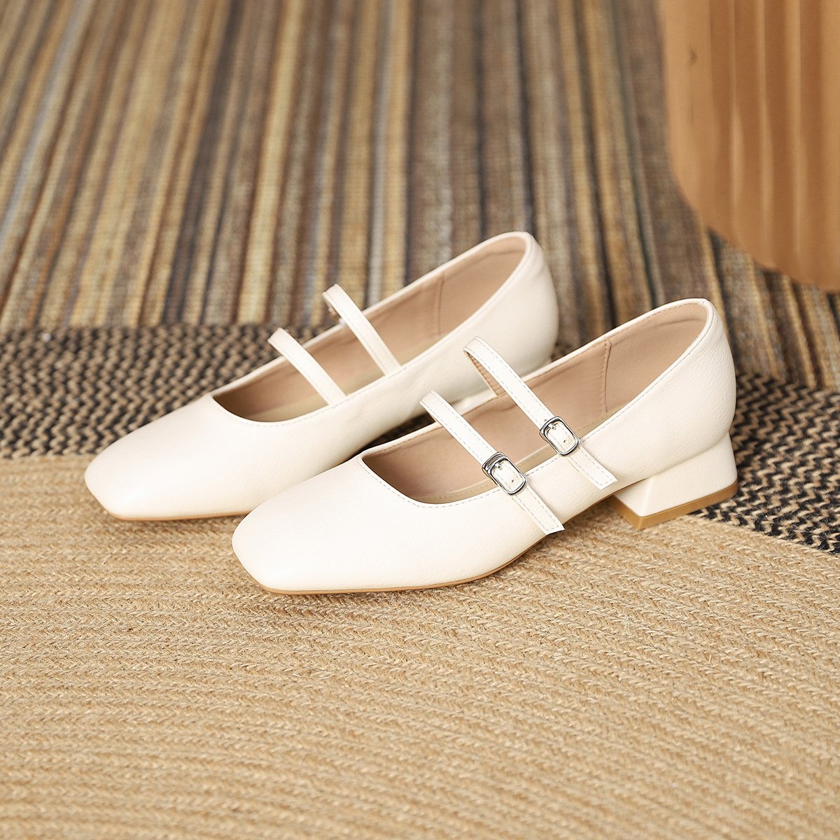 Elegant Square Toe Genuine Leather Shallow Mid-Heel Mary Jane Shoes