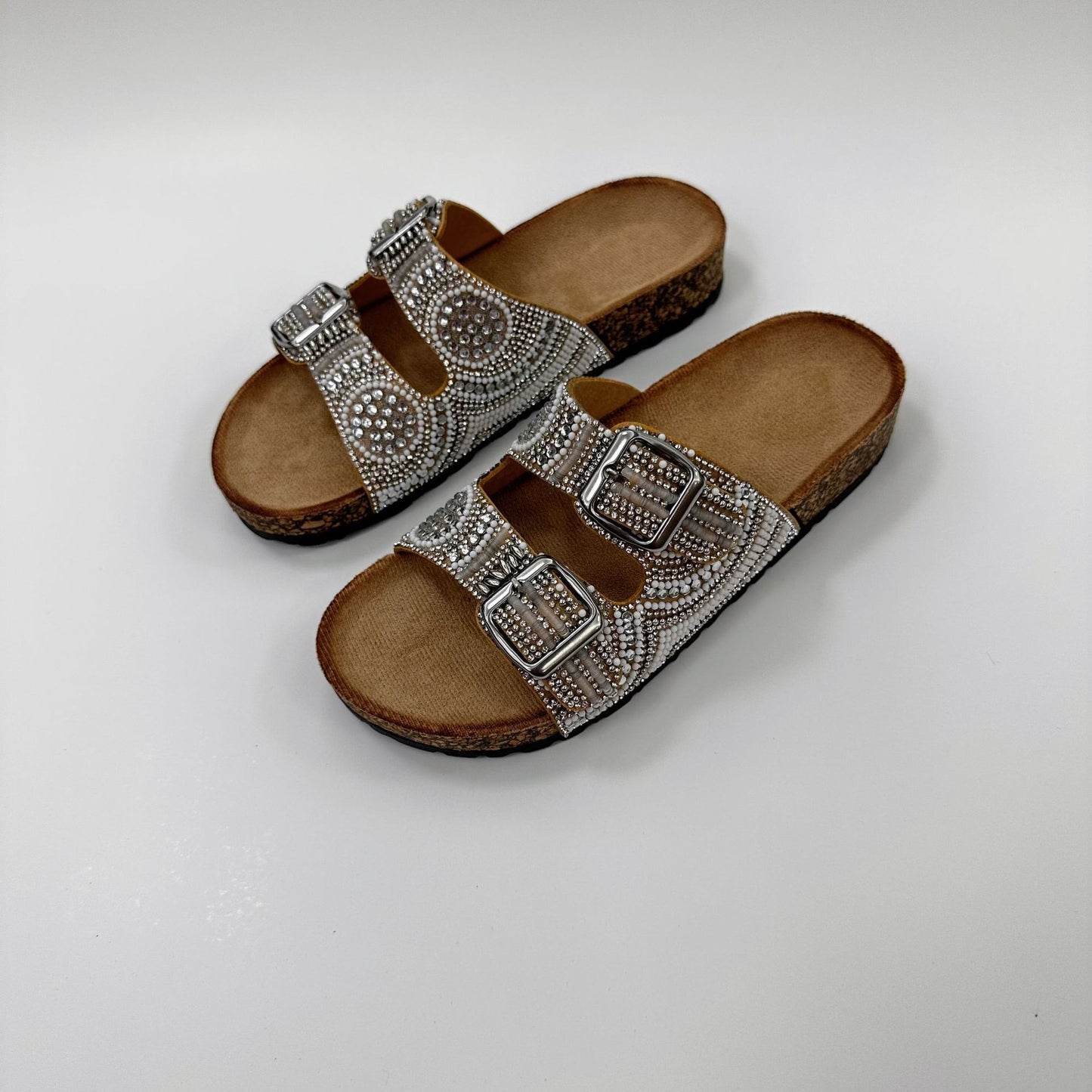 Double Buckle Drilled Face Ethnic Style Flat Slippers