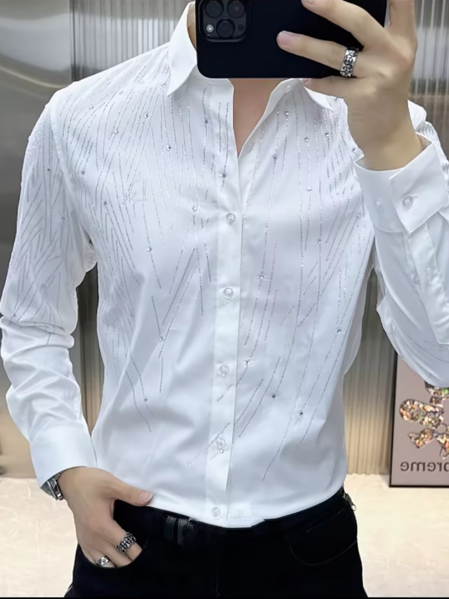 Line rhinestone long-sleeved shirt