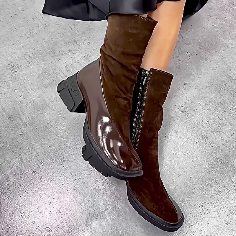 Patchwork block heel sleek mid-rise boots