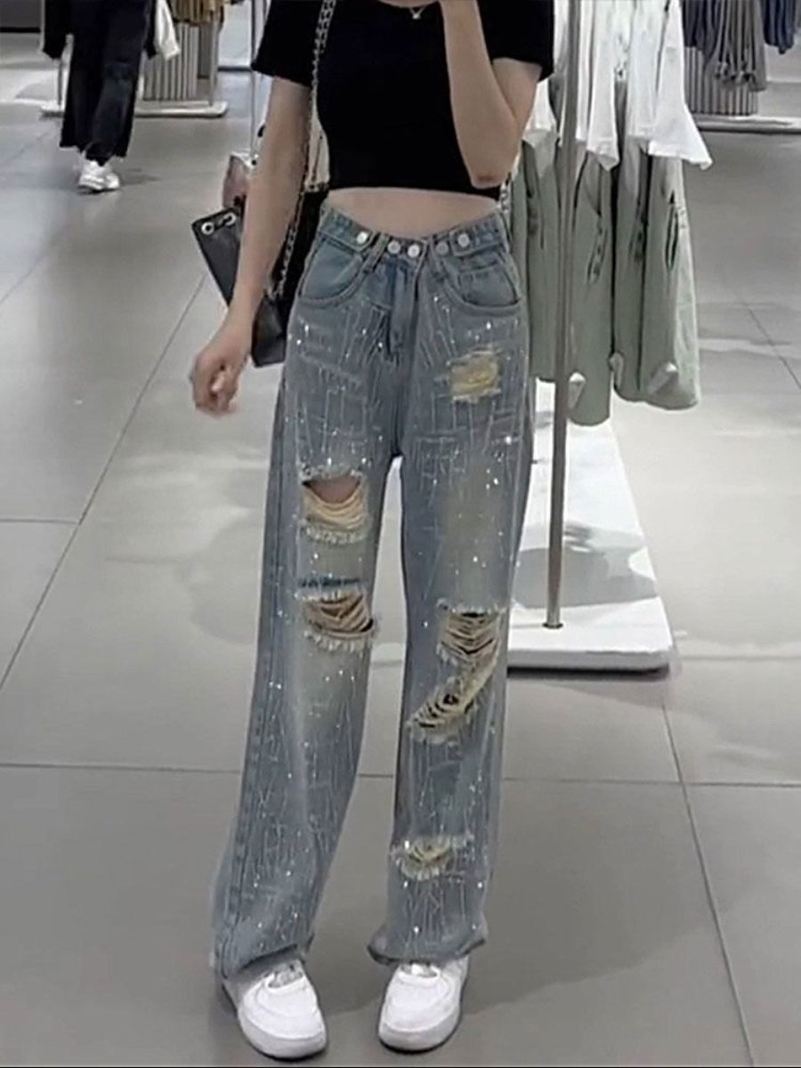 High-Waist Ripped Diamond Flash Straight Ins Jeans