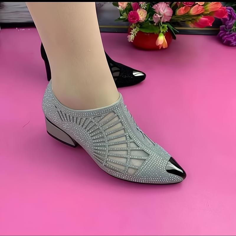 Mesh cut-out rhinestone low-heeled pointed-toe women's shoes