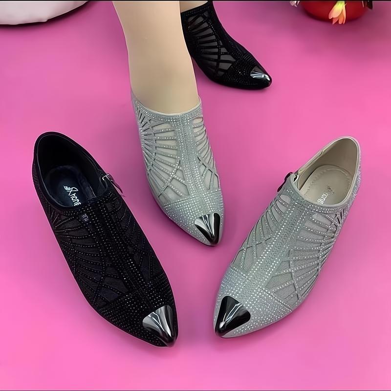 Mesh cut-out rhinestone low-heeled pointed-toe women's shoes