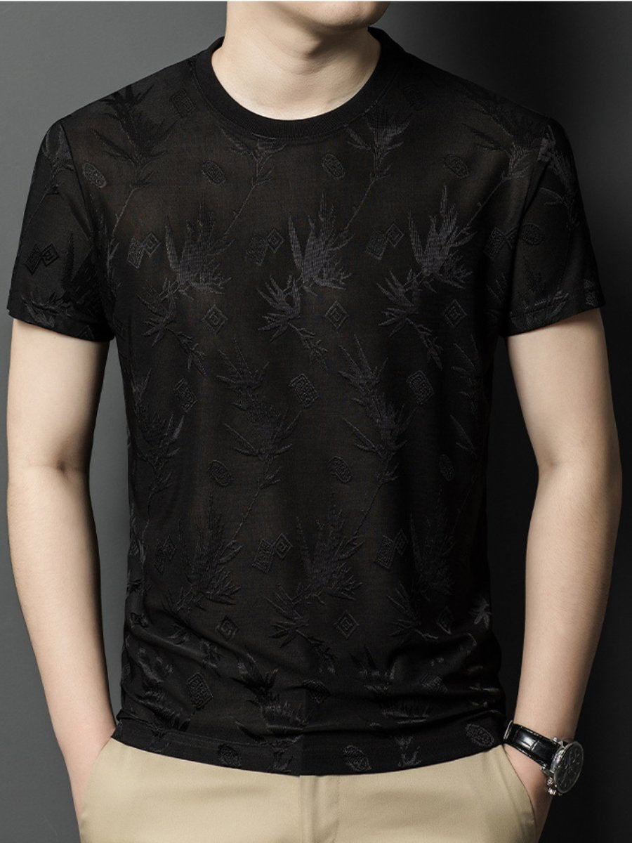 Leaf-print ice silk short-sleeved T-shirt