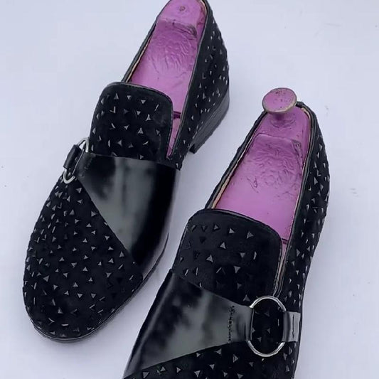 Single-buckle rhinestone light luxury glitter leather shoes