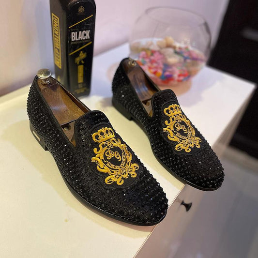 Yellow embroidered printed rhinestone leather shoes