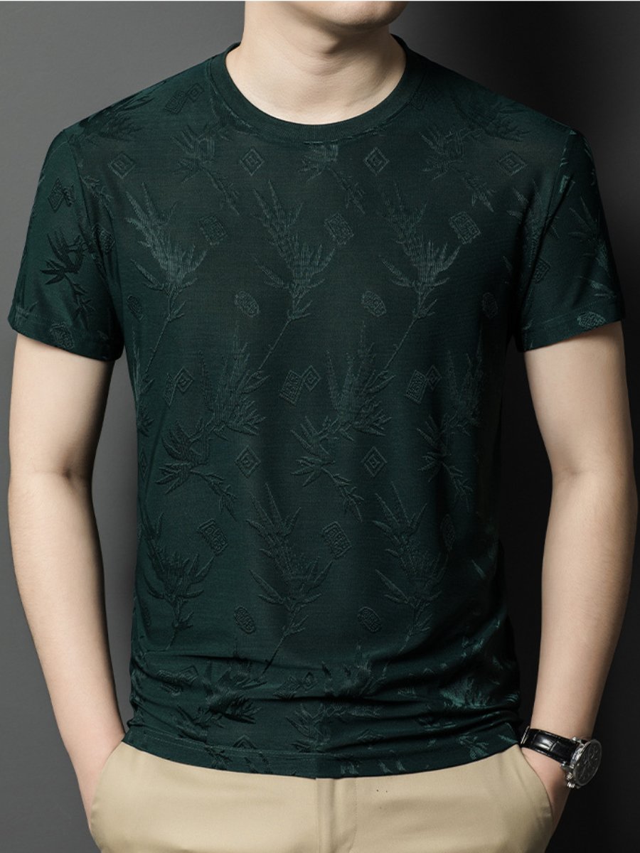 Leaf-print ice silk short-sleeved T-shirt