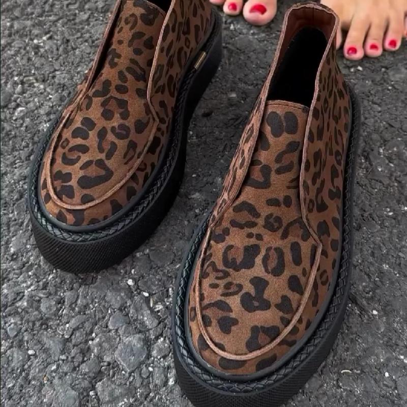 Round-toe leopard-print platform casual shoes