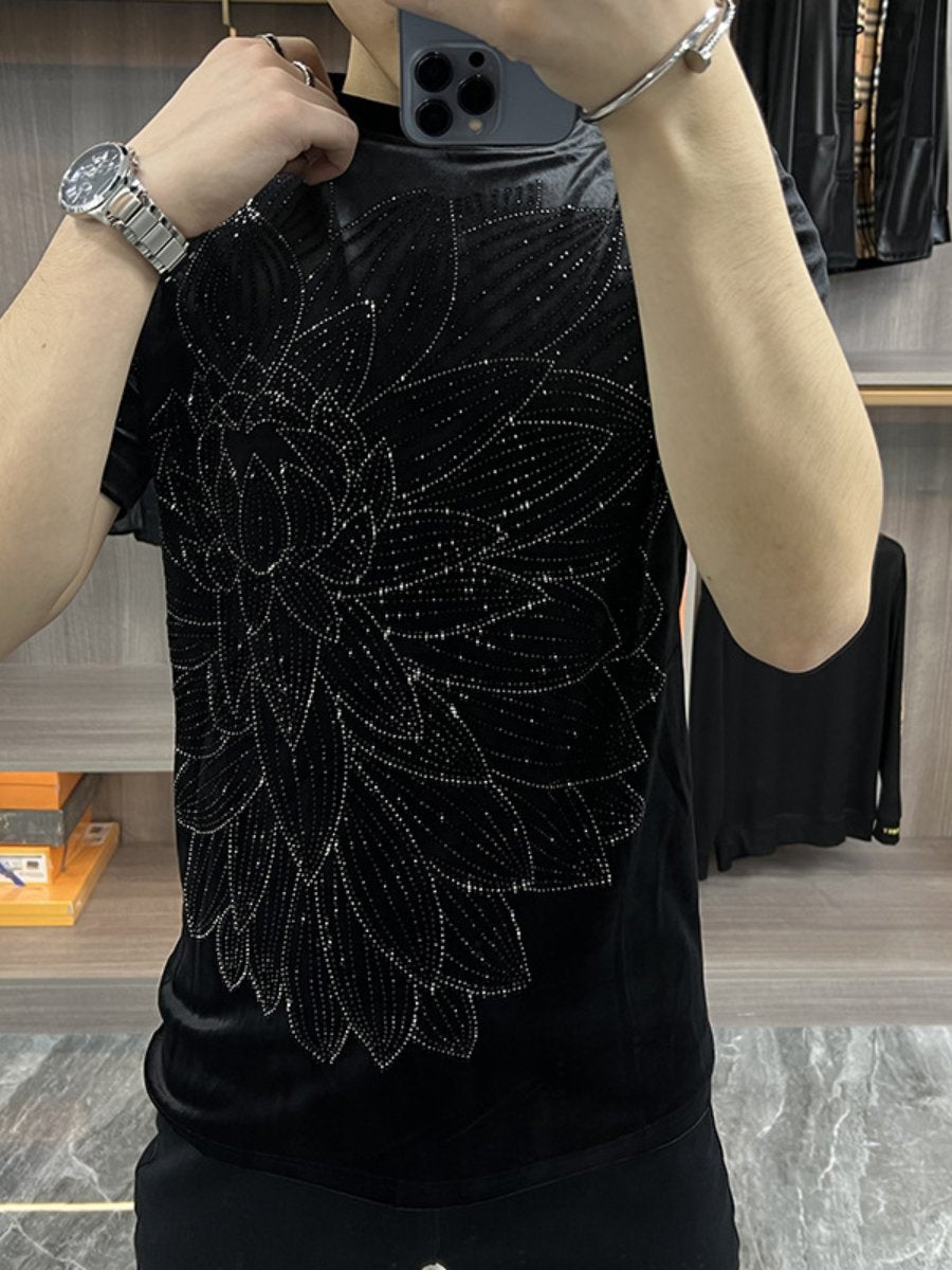 Boutique Gold Wire Hot Comfortable Personality Hot Diamond Round Neck T-shirt