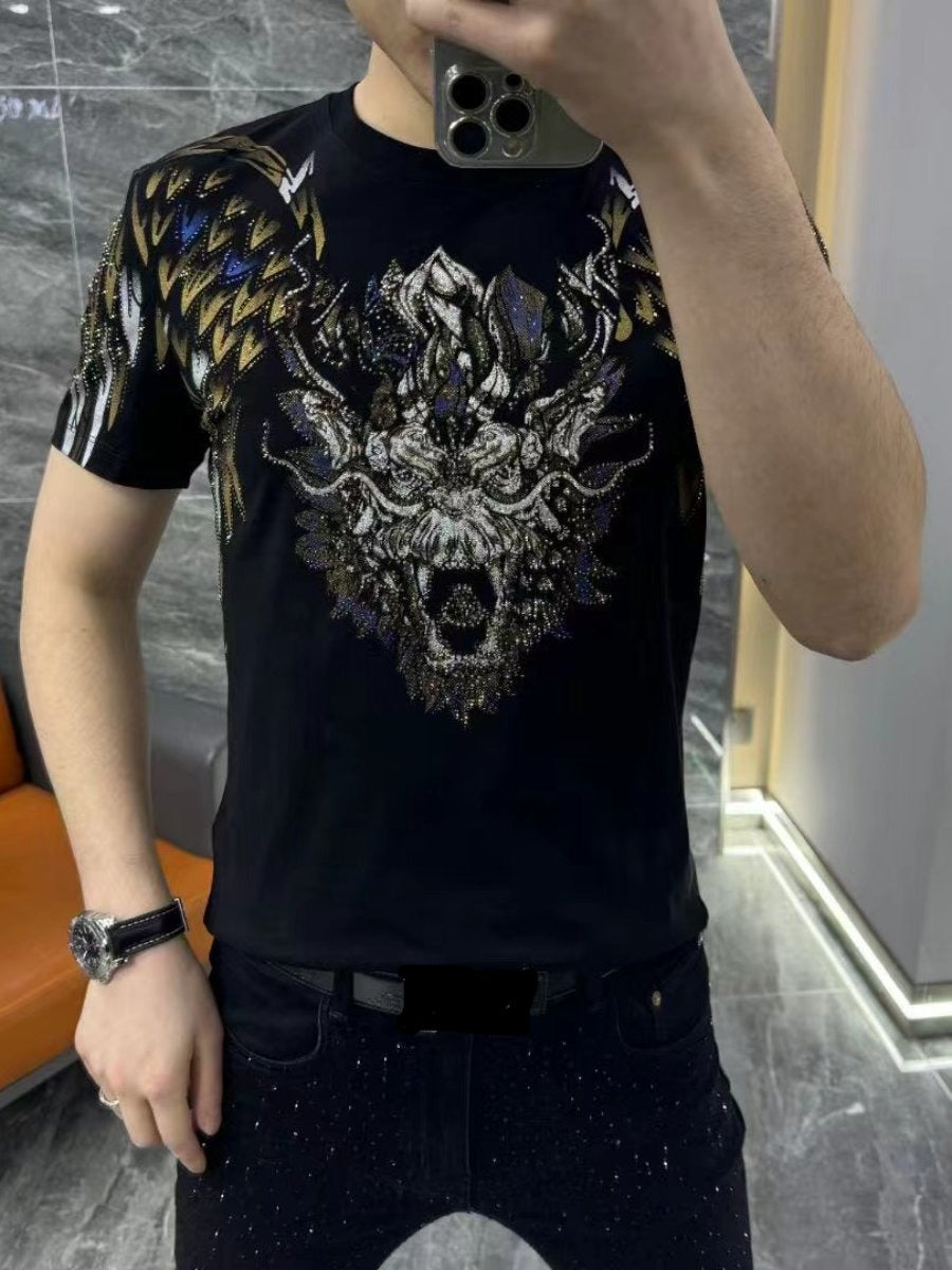 Trend Heavy Industry Tiger Head Hot Drilling Personality Short Sleeve