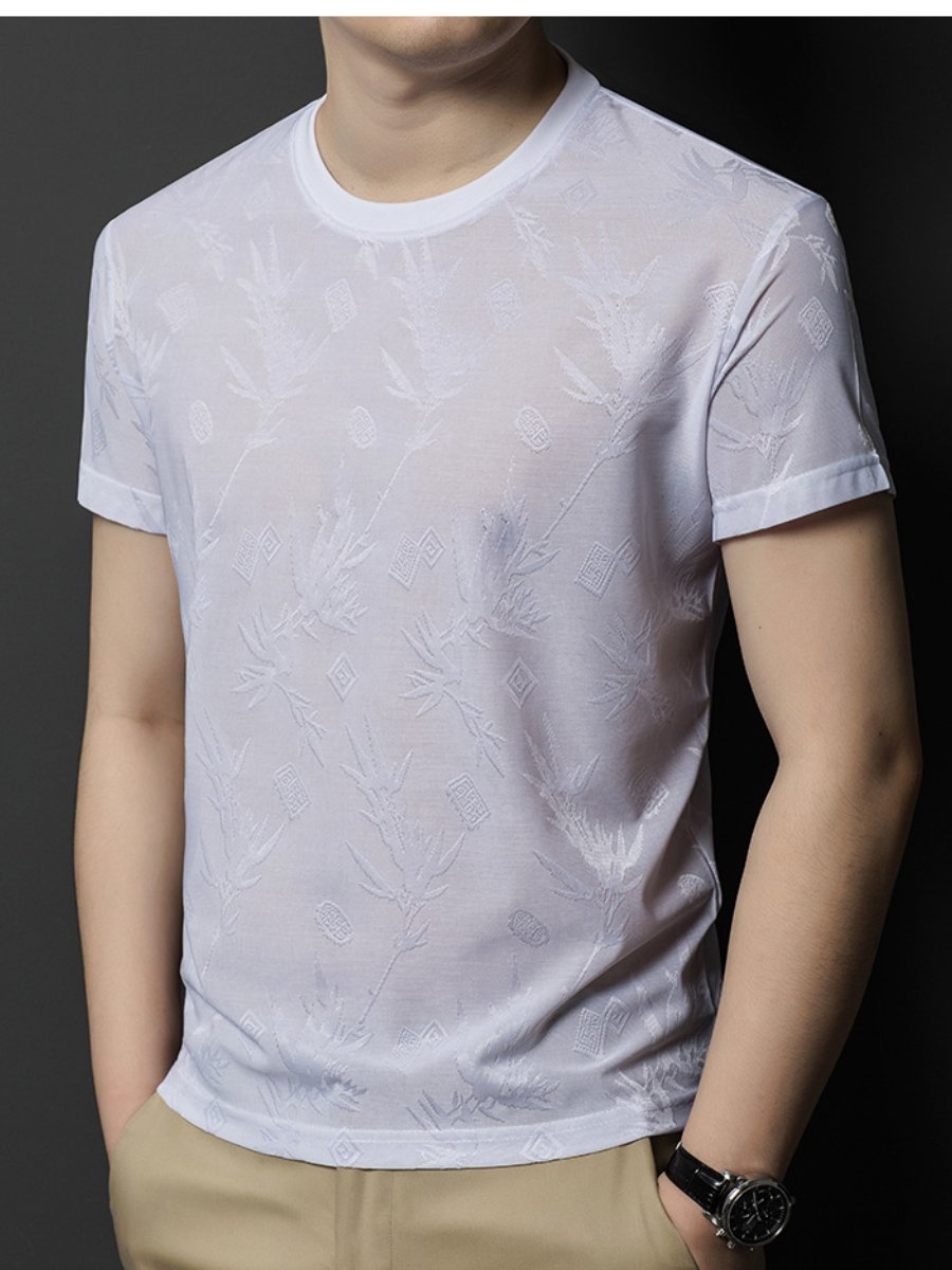 Leaf-print ice silk short-sleeved T-shirt