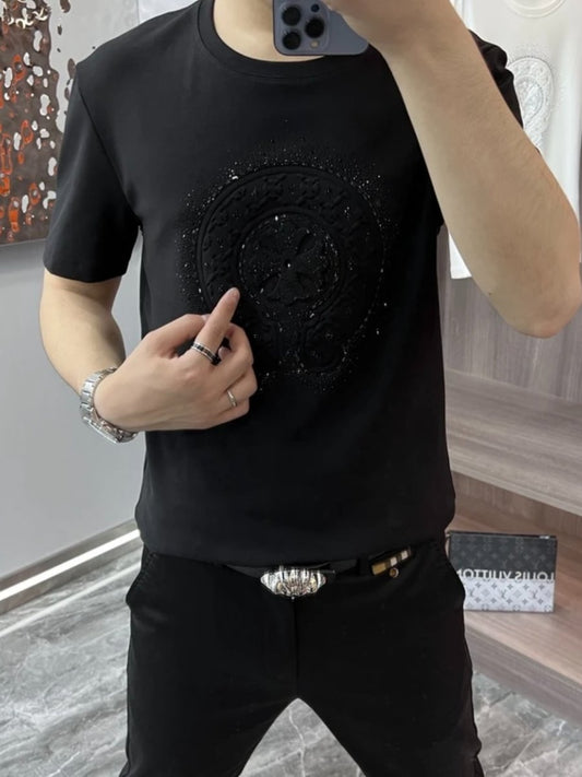 Embossed Hot Rhinestone Fashion Men's Short Sleeve