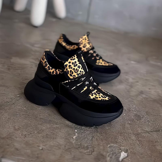 Leopard print platform sole heightened casual shoes