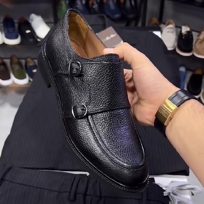 Handmade leather double-buckle men's shoes